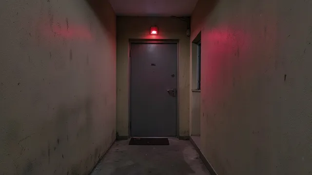 Imagem gerada por IA: Corredor de prédio residencial em São Paulo iluminado por luzes de emergência.
