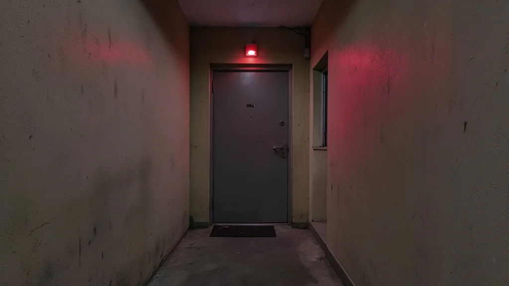 Imagem gerada por IA: Corredor de prédio residencial em São Paulo iluminado por luzes de emergência.