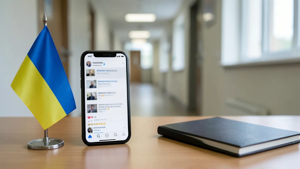 Imagem gerada por IA: Celular com uma publicação indistinta ao lado de uma pequena bandeira da Ucrânia, em ambiente institucional.