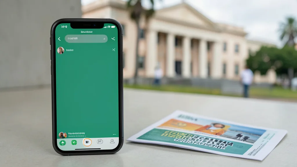 Imagem gerada por IA: Celular com a interface genérica de um canal de mensagens diante de um tribunal desfocado.