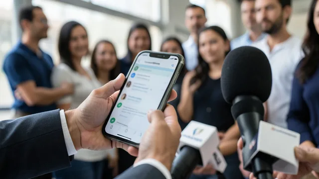 Imagem gerada por IA: Celular com aplicativo de mensagens ao lado de um microfone em um ambiente de mobilização política.