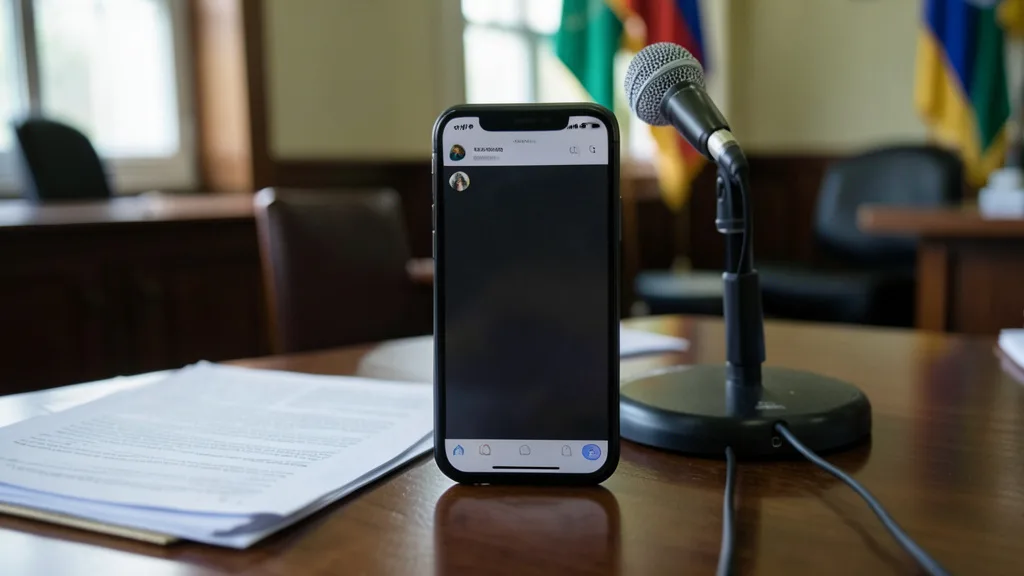 Imagem gerada por IA: Celular com aplicativo de mensagens sobre uma mesa em ambiente institucional.