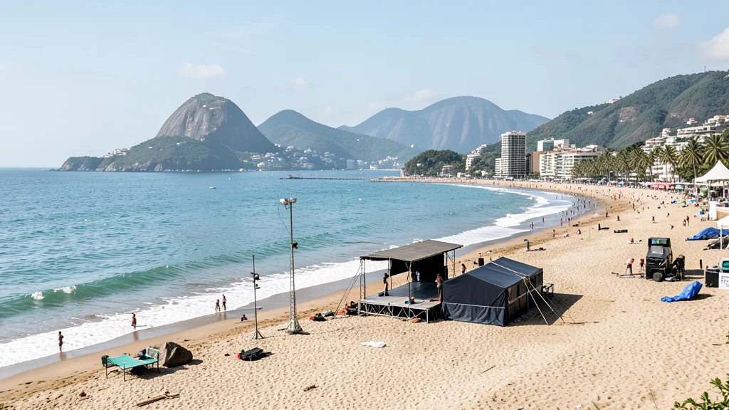 Imagem gerada por IA: Estrutura de palco sendo preparada perto da praia de Copacabana, no Rio de Janeiro.