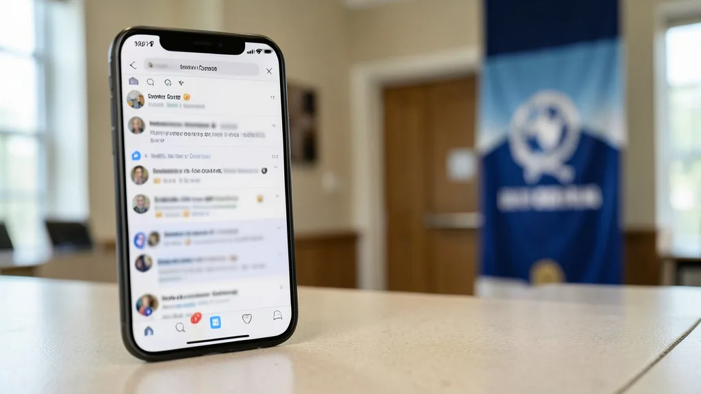 Imagem gerada por IA: Celular com publicações desfocadas diante de um ambiente que remete à Justiça Eleitoral.