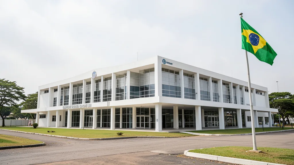 Imagem gerada por IA: Fachada do Tribunal Superior Eleitoral em Brasília, com uma bandeira do Brasil em primeiro plano.