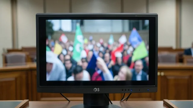 Imagem gerada por IA: Monitor exibe imagens desfocadas de uma manifestação em ambiente que remete a um tribunal.