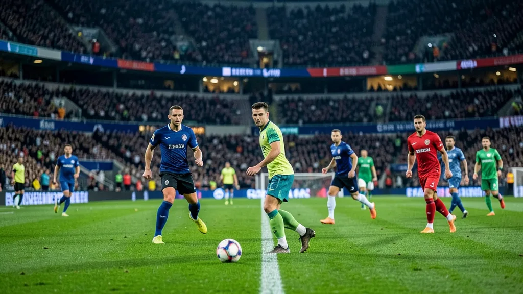 Imagem gerada por IA: Duas bolas no gramado de um estádio durante uma partida de futebol, com jogadores ao fundo.
