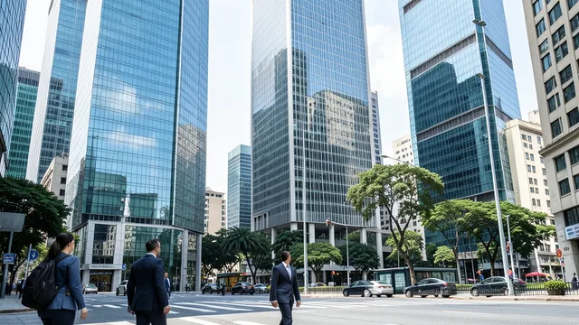 Prédios comerciais em um centro financeiro, com profissionais caminhando pela rua.