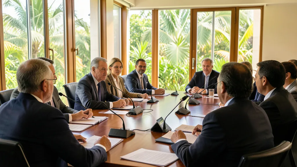 Imagem gerada por IA: Delegados participam de uma reunião internacional em uma sala de conferências caribenha.