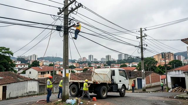 Técnicos inspecionam cabos de energia em uma rua da região metropolitana de São Paulo.