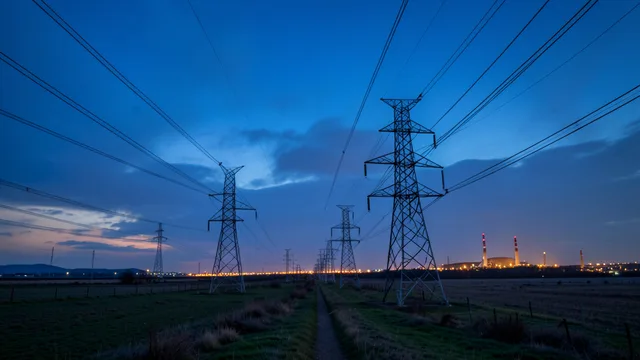 Imagem gerada por IA: Linhas de transmissão de energia elétrica ao entardecer, com uma usina ao fundo.