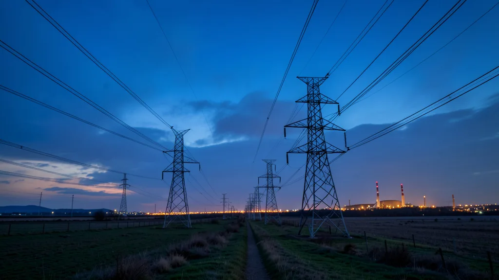 Imagem gerada por IA: Linhas de transmissão de energia elétrica ao entardecer, com uma usina ao fundo.