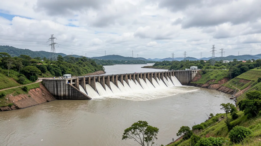Imagem gerada por IA: Água passa por uma barragem hidrelétrica com linhas de transmissão ao fundo.