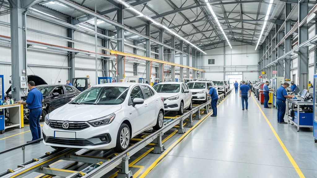 Imagem gerada por IA: Carros novos passam por uma linha de montagem em uma fábrica brasileira.