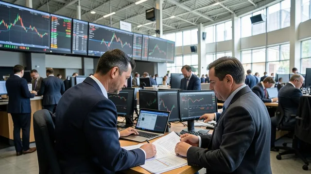 Imagem gerada por IA: Investidor analisa o mercado de ações em uma bolsa de valores