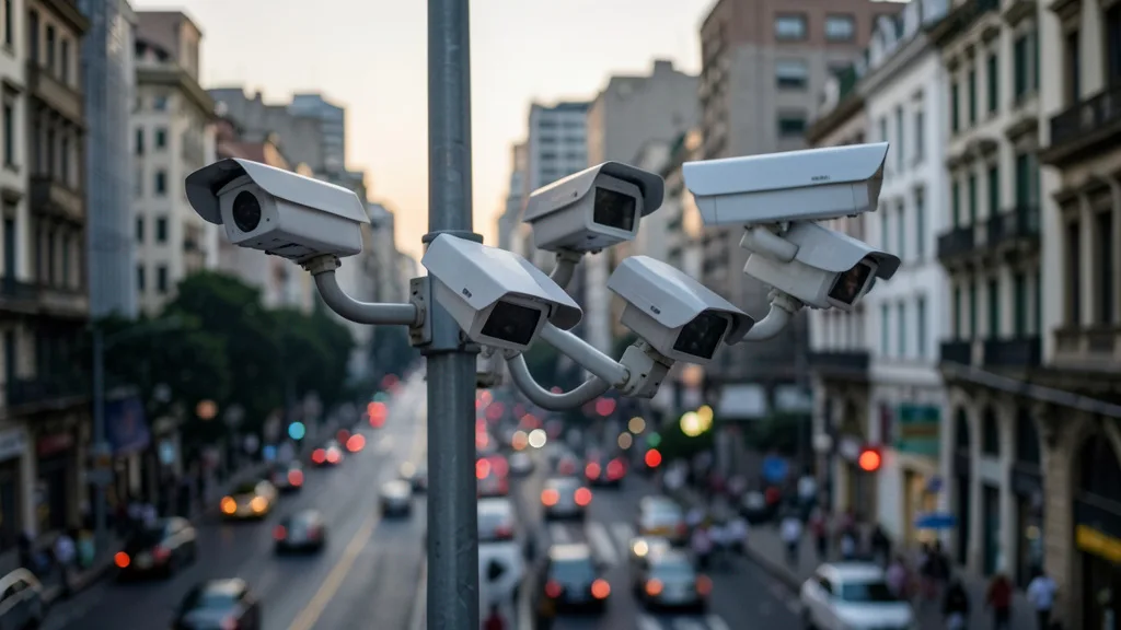 Imagem gerada por IA: Câmeras de segurança monitoram uma rua movimentada de São Paulo.