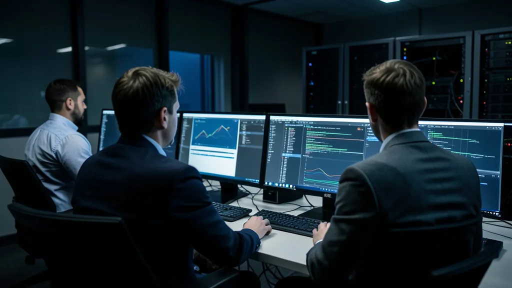 Imagem gerada por IA: Analistas monitoram sistemas de segurança em uma central de tecnologia.