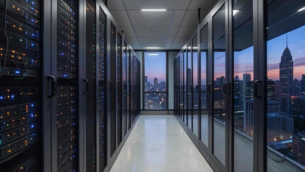 Imagem gerada por IA: Corredor de data center com fileiras de servidores e luzes discretas.
