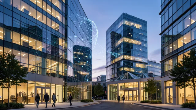 Prédios de uma empresa de tecnologia ao anoitecer, com funcionários caminhando diante da entrada.