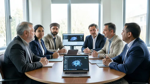 Imagem gerada por IA: Estudiosos e pesquisadores conversam em torno de uma mesa sobre inteligência artificial e ética.