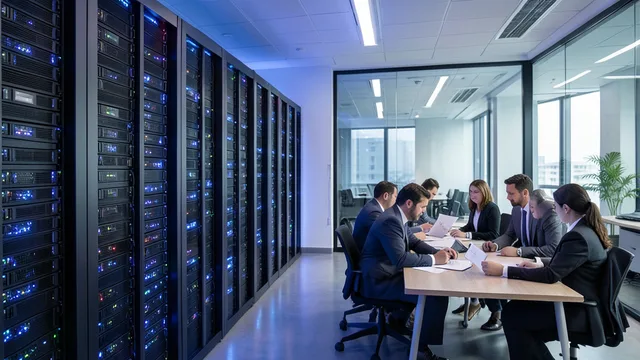 Imagem gerada por IA: Servidores de um centro de dados ao fundo de uma sala de reunião com profissionais analisando documentos.