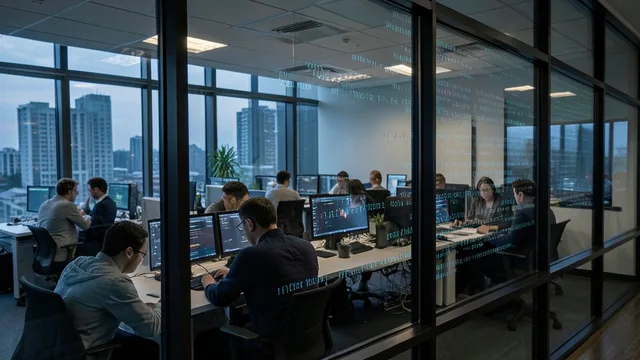 Imagem gerada por IA: Escritório de uma empresa de tecnologia com funcionários trabalhando ao anoitecer.
