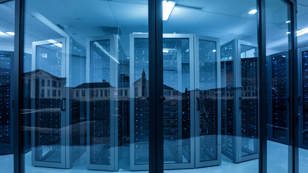 Imagem gerada por IA: Servidores de inteligência artificial refletidos em uma fachada de tribunal.