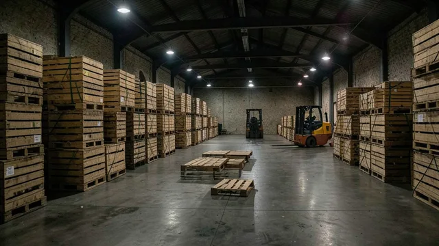 Imagem gerada por IA: Caixas de vinho e empilhadeiras em um depósito na Toscana após um grande roubo.