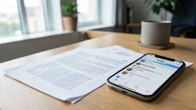 Imagem gerada por IA: Celular com uma tela genérica de perfil privado sobre uma mesa com documentos.