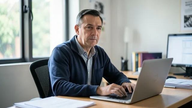 Imagem gerada por IA: Antonio Tabet em um escritório, sentado diante de um laptop e papéis.