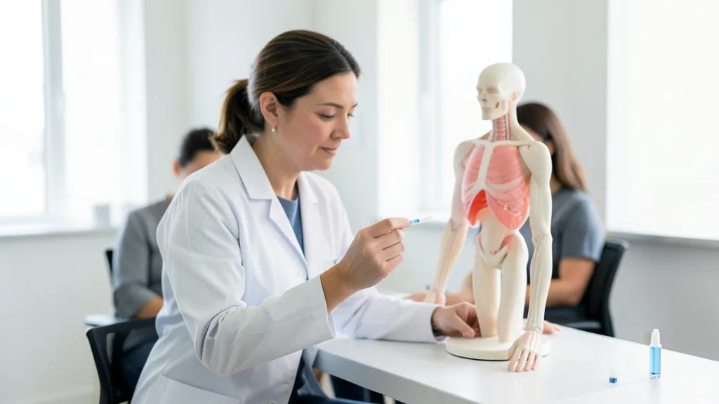 Imagem gerada por IA: Profissional de saúde segura um aplicador de implante contraceptivo ao lado de um modelo de braço.