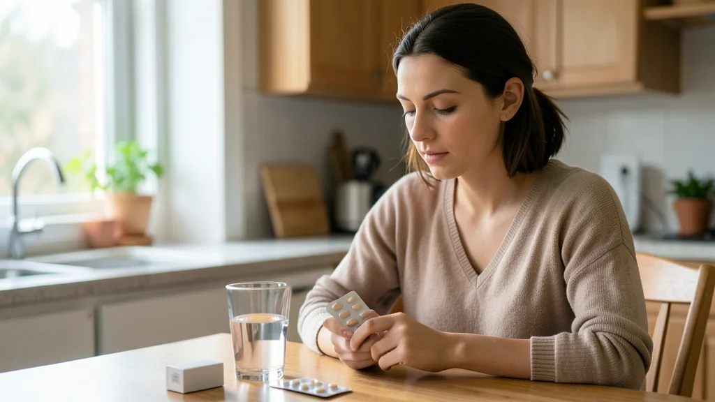 Imagem gerada por IA: Mulher observa comprimidos e uma caixa de medicamento sobre a mesa.