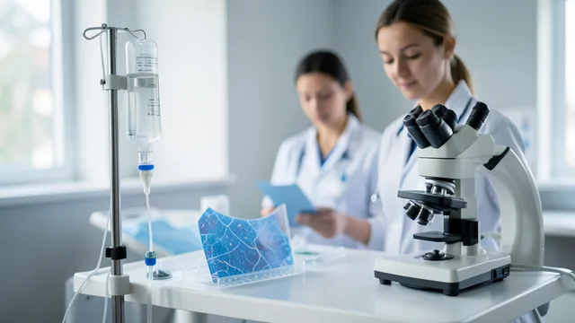 Imagem gerada por IA: Equipamento de infusão em uma sala de tratamento oncológico, com microscópio e lâmina ao fundo.