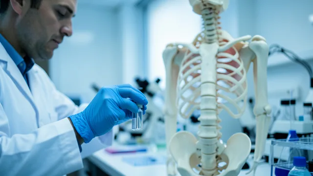 Imagem gerada por IA: Modelo da coluna torácica e frasco em um laboratório de pesquisa.