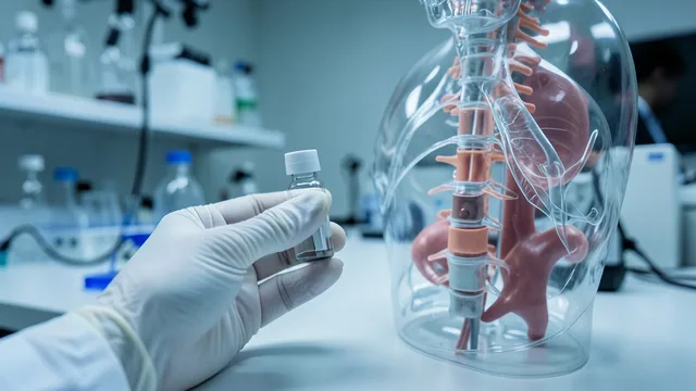 Imagem gerada por IA: Profissional de laboratório segura um frasco ao lado de um modelo anatômico da medula espinhal.