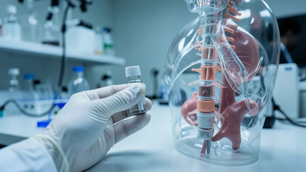 Imagem gerada por IA: Profissional de laboratório segura um frasco ao lado de um modelo anatômico da medula espinhal.