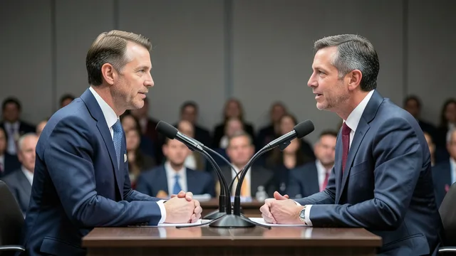 Imagem gerada por IA: Dois candidatos genéricos se enfrentam em um debate televisivo, diante de microfones e de uma plateia.