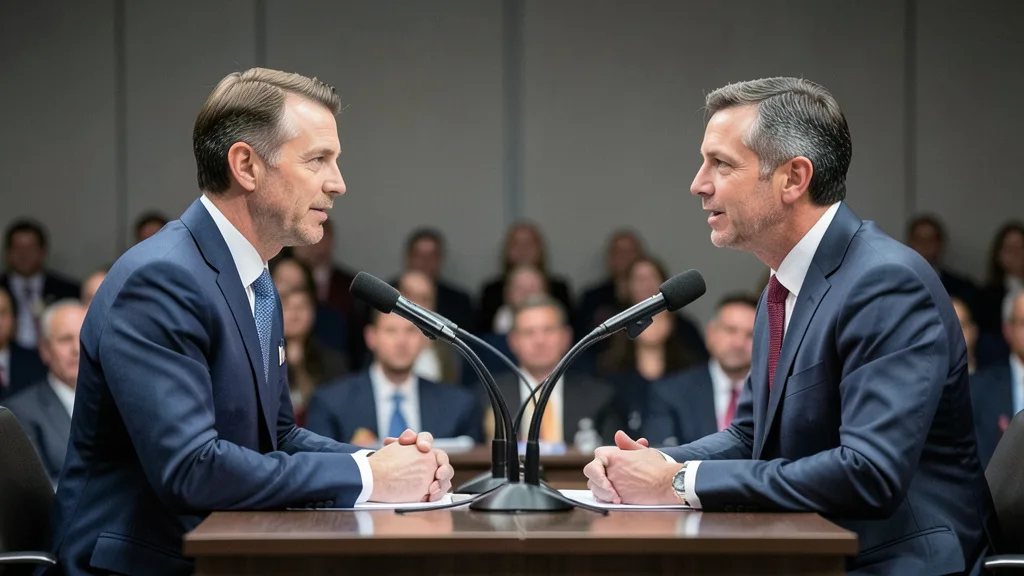 Imagem gerada por IA: Dois candidatos genéricos se enfrentam em um debate televisivo, diante de microfones e de uma plateia.