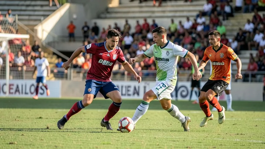 Imagem gerada por IA: Jogadores disputam a bola em uma partida de futebol em um estádio.