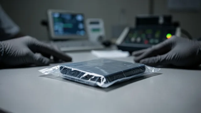 Imagem gerada por IA: Celular lacrado em embalagem de evidência sobre uma mesa de perícia.