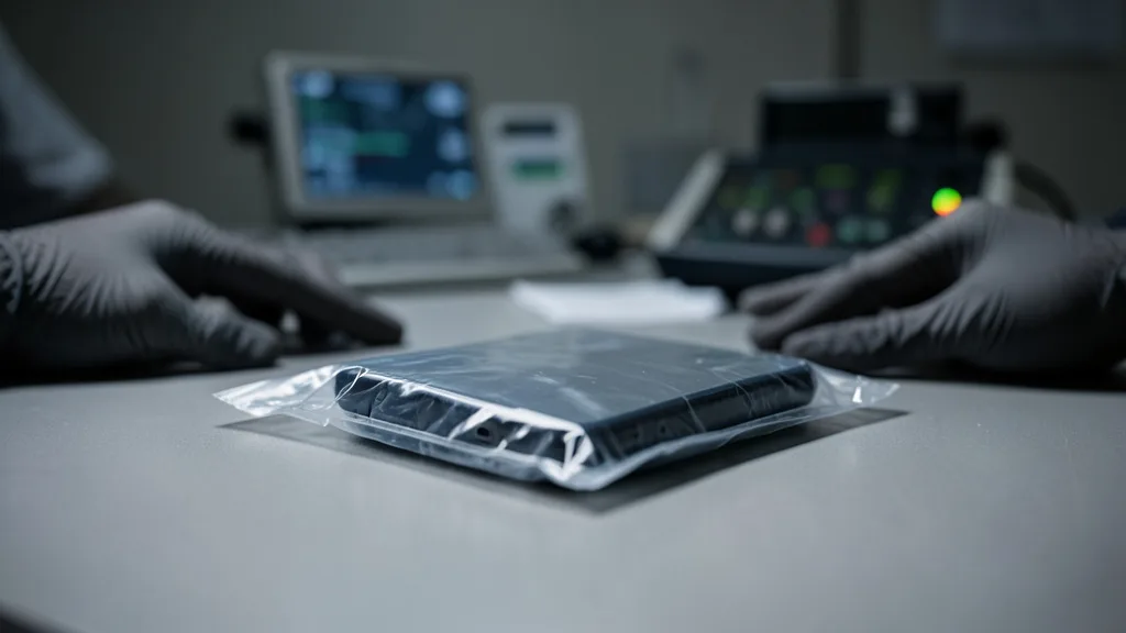Imagem gerada por IA: Celular lacrado em embalagem de evidência sobre uma mesa de perícia.
