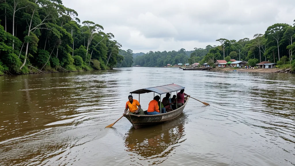 Imagem gerada por IA: Barco transporta eleitores por um rio cercado pela floresta amazônica.