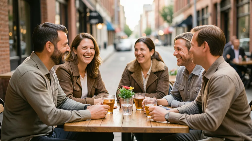 Imagem gerada por IA: Grupo de adultos conversa à mesa de um café durante um encontro presencial.