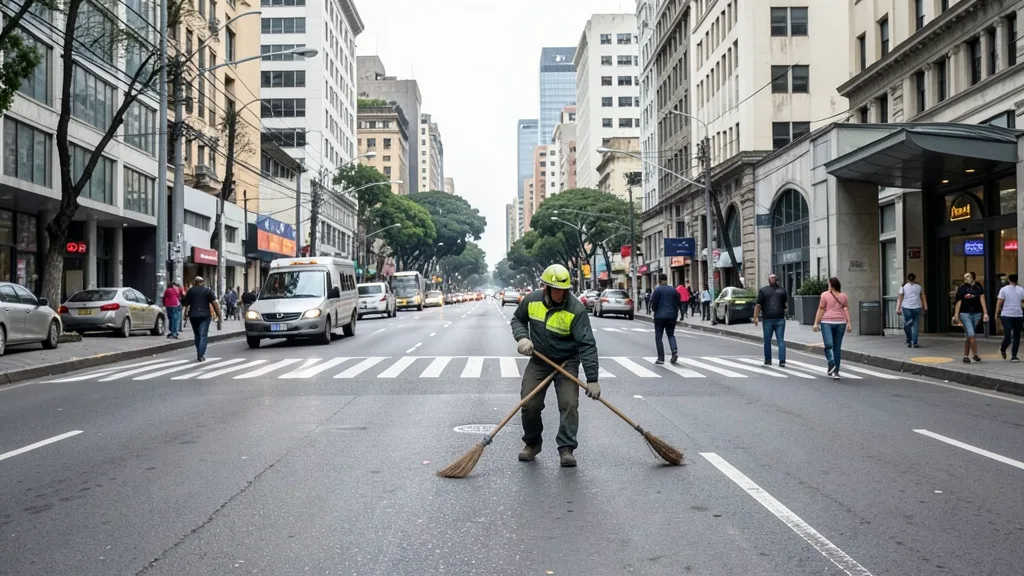 Imagem gerada por IA: Equipe de limpeza varre a avenida Paulista após uma manifestação, enquanto participantes se dispersam.