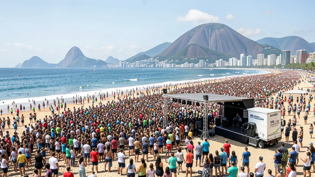 Imagem gerada por IA: Multidão acompanha um ato musical na praia de Copacabana, no Rio de Janeiro.