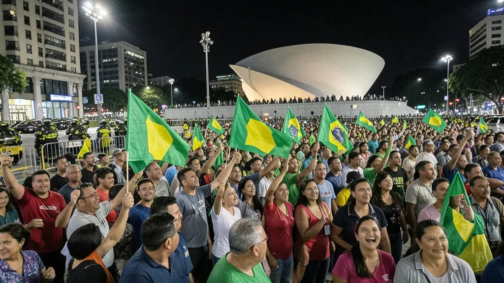 Imagem gerada por IA: Apoiadores comemoram à noite na Avenida Paulista, em São Paulo, perto do Masp.