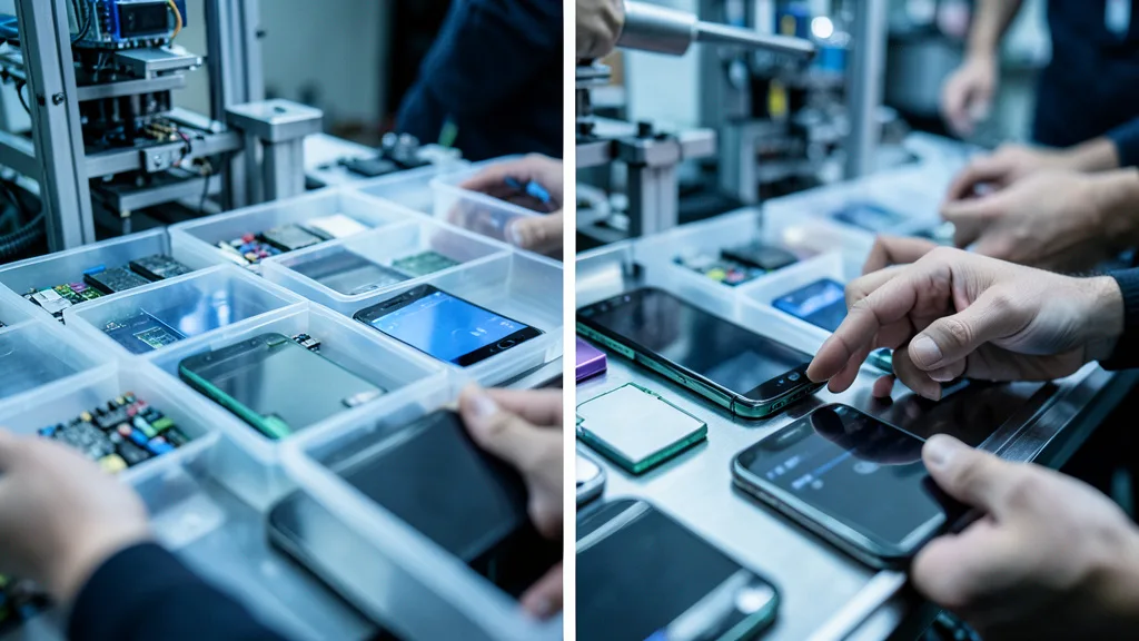 Imagem gerada por IA: Componentes de smartphones em uma linha de montagem industrial.
