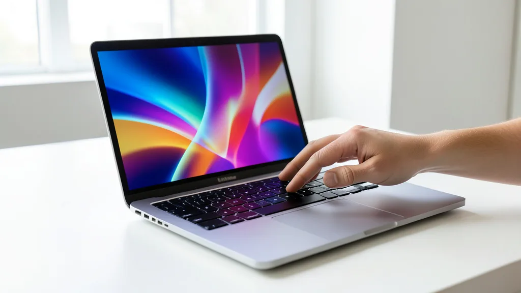 Imagem gerada por IA: Notebook premium com tela sensível ao toque sobre uma mesa, enquanto uma mão interage com a interface.
