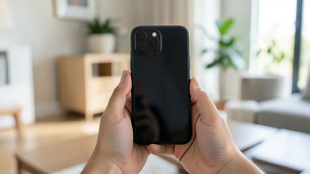 Imagem gerada por IA: Pessoa usando um iPhone em uma chamada de vídeo em casa.