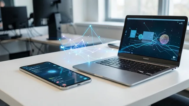 Imagem gerada por IA: Smartphone, tablet e laptop sobre uma mesa, representando recursos de inteligência artificial integrados a dispositivos.